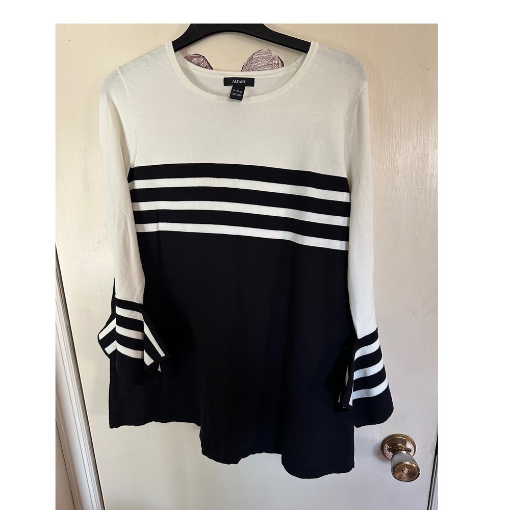 Alfani Sweater Bell Regency Sleeve White Black Striped  NWT Woman's Large